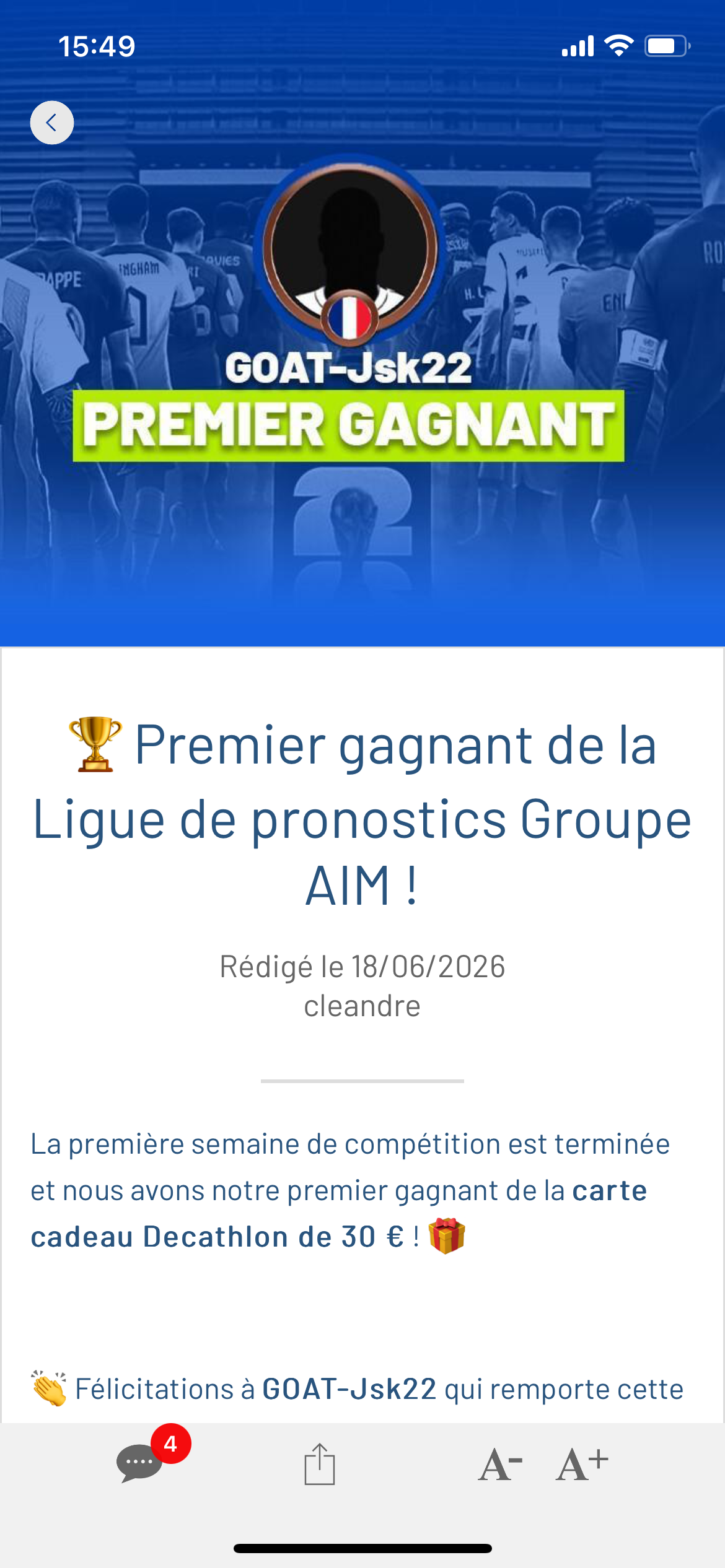 Article annonçant le premier gagnant sur l'application interne